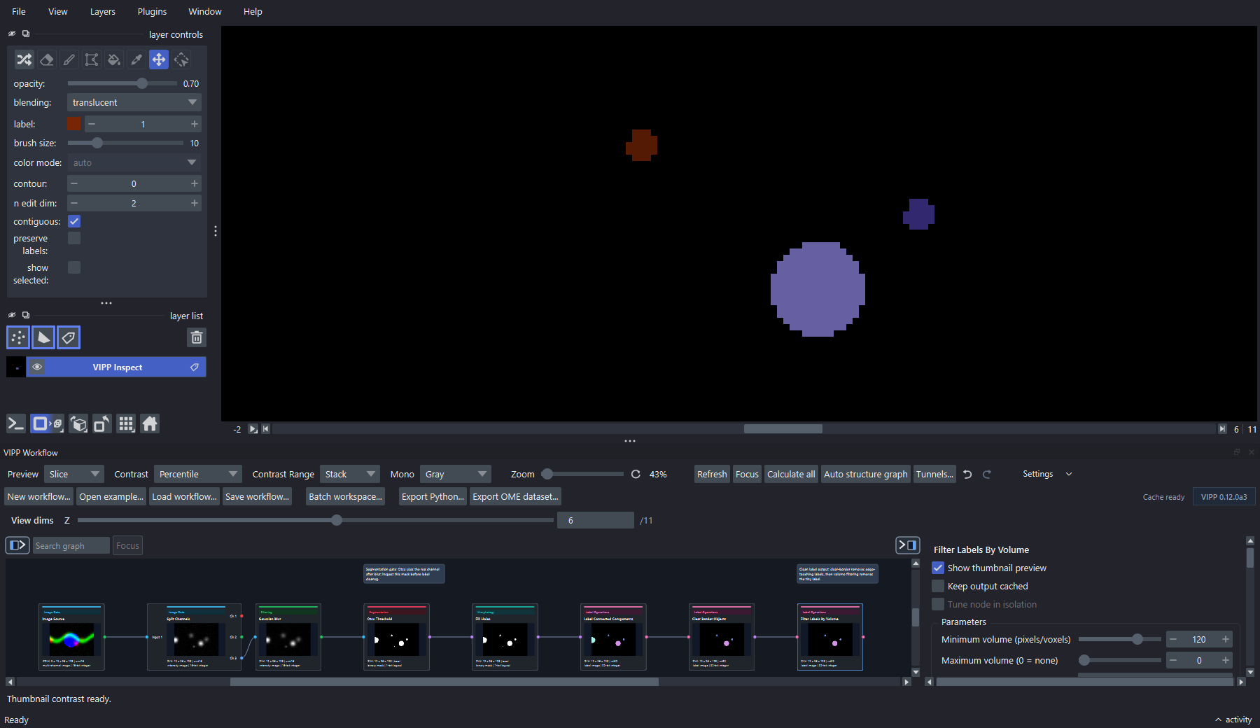 Napari with a docked VIPP label-cleanup graph and the volume-filter node selected