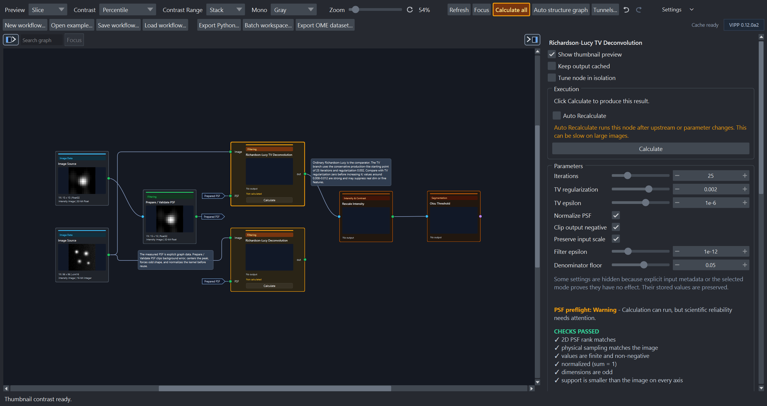 Bright actionable deconvolution nodes, dark waiting descendants, and an amber Calculate all control