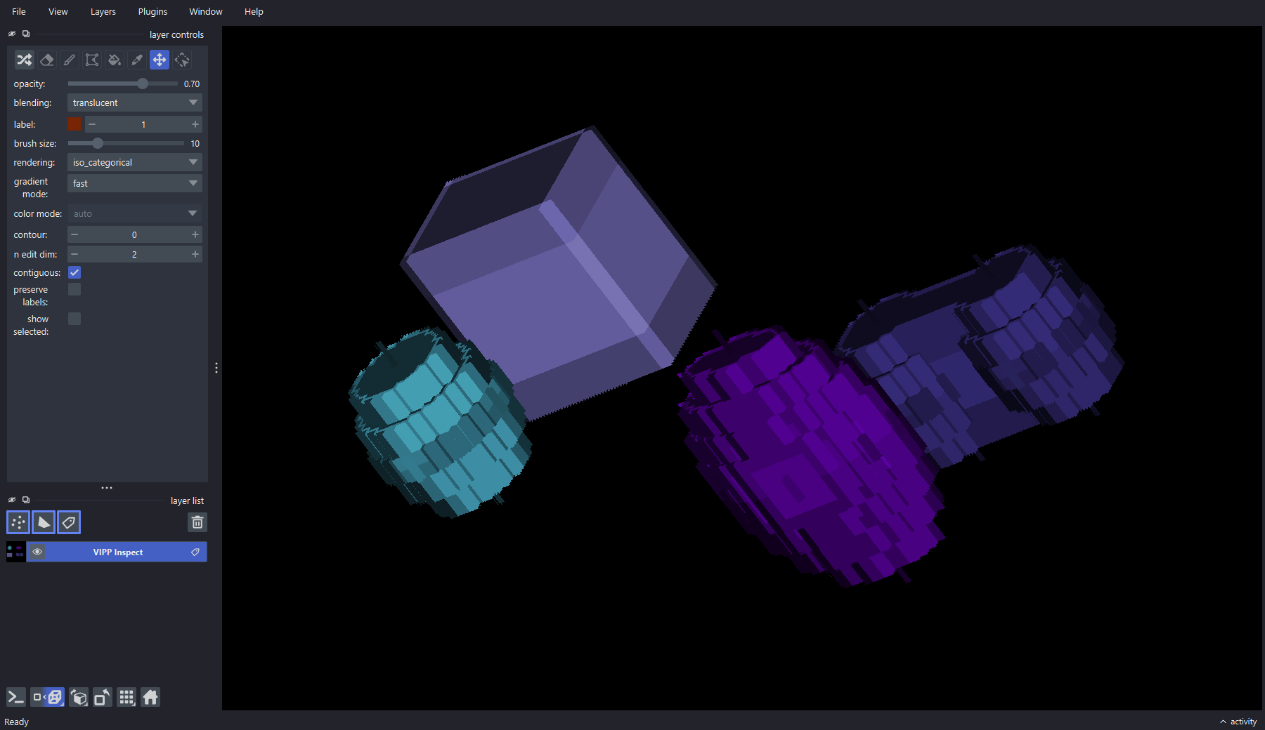 A napari 3D rendering of the synthetic anisotropic label objects used for mesh-morphology review
