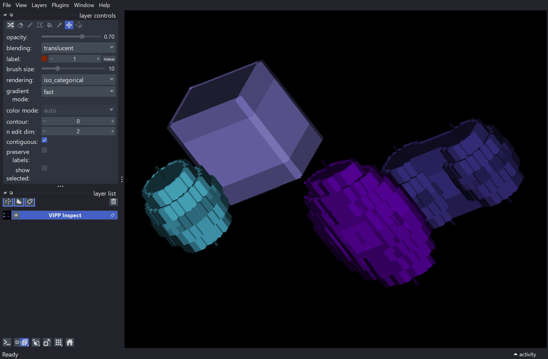A napari 3D rendering of the synthetic anisotropic label objects used for mesh-morphology review