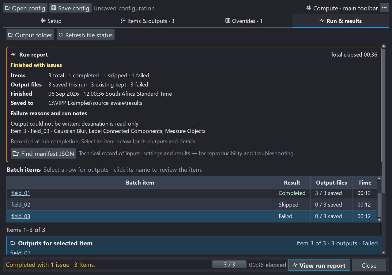 An illustrative in-page run report with completed, kept, and failed synthetic items and a readable destination error