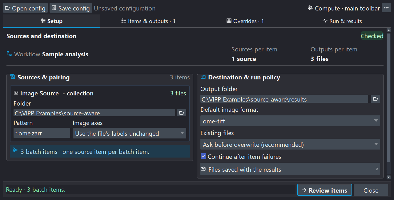 Batch Setup with one synthetic image-source collection and a separate output destination