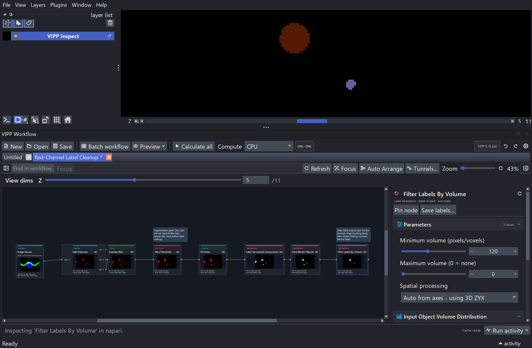 Napari with a docked VIPP label-cleanup workflow in the dark interface