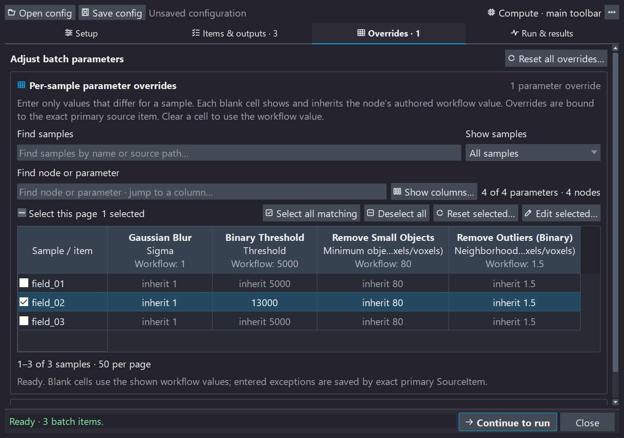 The current Overrides tab with labelled search controls, inherited numeric values, and a separate expandable Run or bypass section